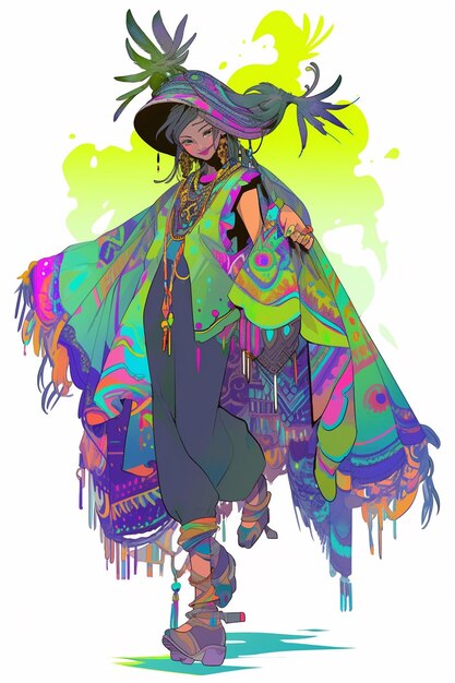 A close up of a person wearing a colorful outfit and a hat generative ai