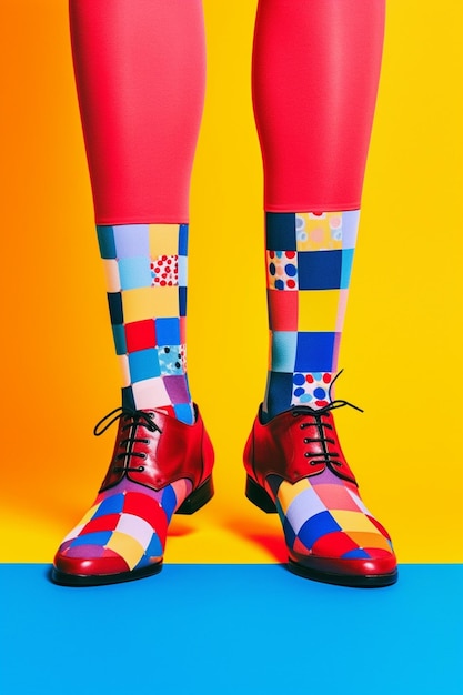 A close up of a person wearing colorful socks and shoes generative ai