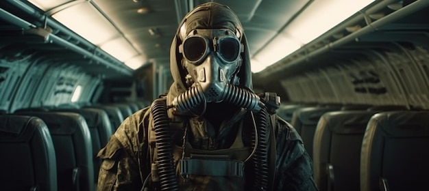 a close up of a person wearing a gas mask on a plane generative ai