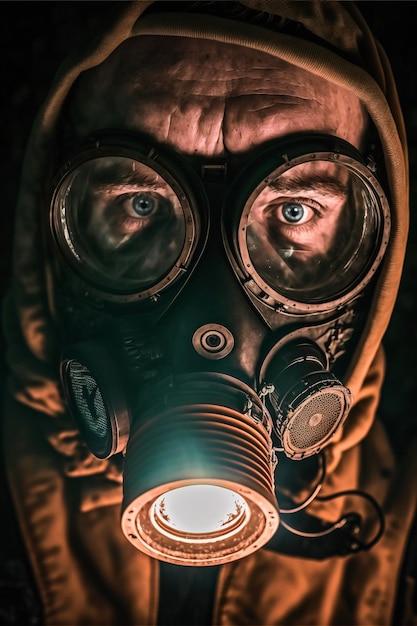 Close up of a person wearing a gas mask