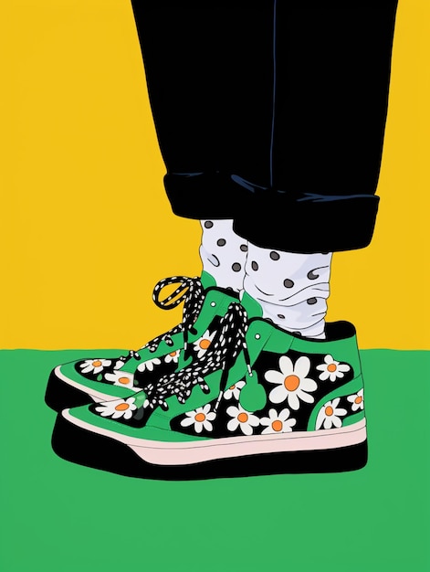 Foto un primo piano di una persona che indossa scarpe verdi con puntini bianchi generative ai