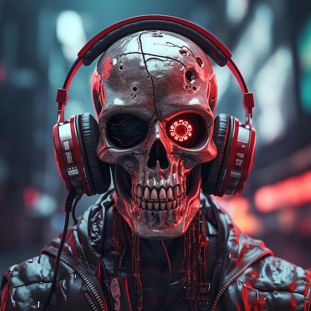 A close up of a person wearing headphones and a skull mask generative ai
