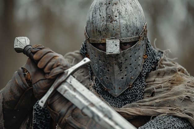 A close up of a person wearing a helmet and holding a sword