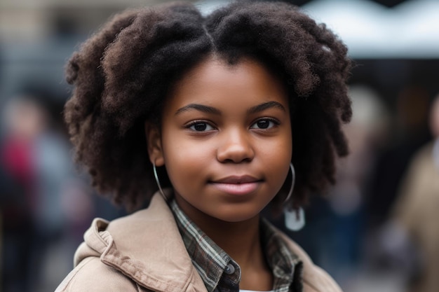 A close up of a person wearing a jacket and earrings generative AI