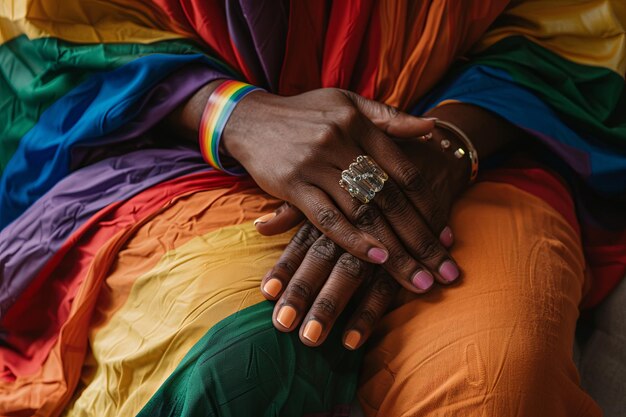 Close Up of Person Wearing Rainbow Colored Dress