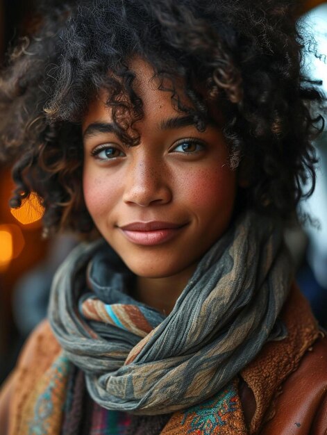 a close up of a person wearing a scarf