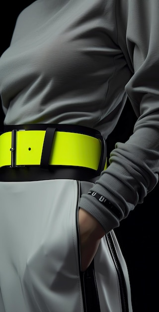 A close up of a person wearing a yellow belt