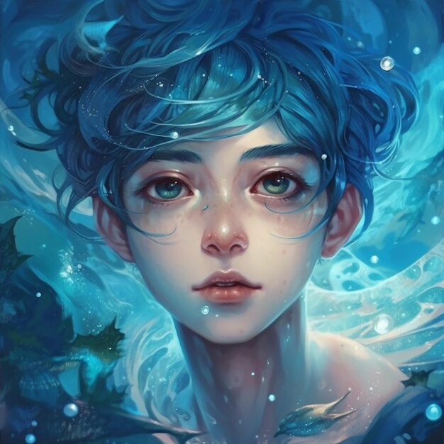 A close up of a person with blue hair and a blue dress generative ai