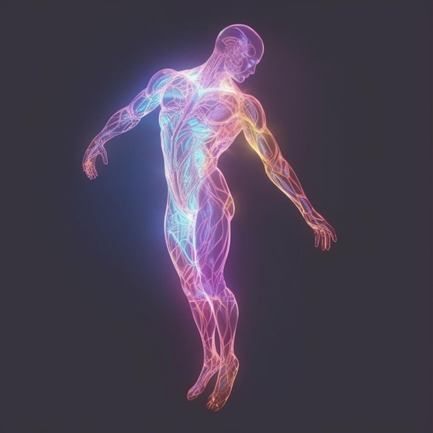 A close up of a person with a glowing body on a black background generative ai