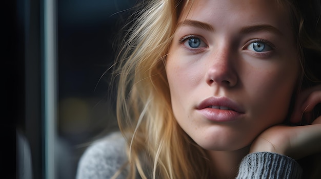 Photo a close up of a person with a reflective expression in a thoughtful quiet backdrop