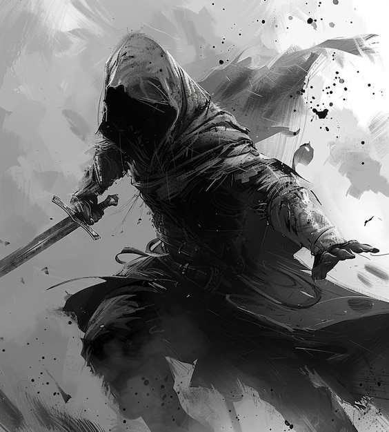 a close up of a person with a sword in a black and white picture generative ai