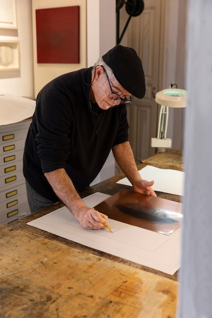 Close up on person working on engraving