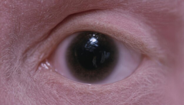 A close up of a persons eye with a black pupil