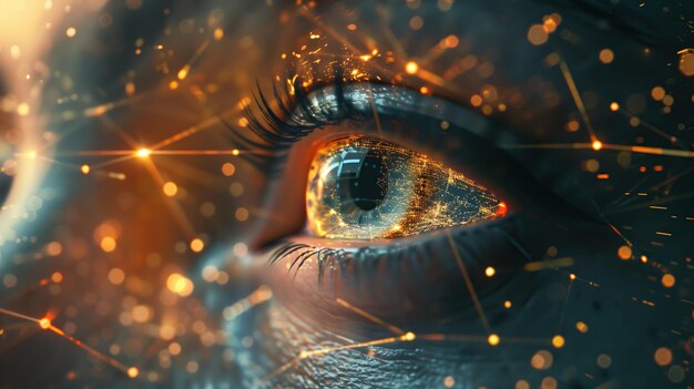 Foto close up of persons eye with bright lights sfondi holographic wireframe visualizzazione digitale