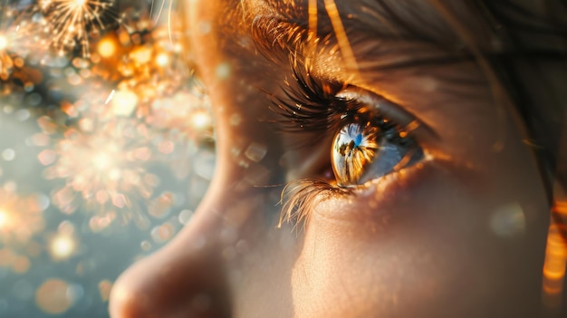 Foto close up of persons eye con i fuochi d'artificio sullo sfondo della giornata dell'indipendenza americana