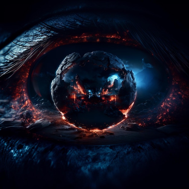 Крупный план человеческого глаза со светящимся шаром в центре, генеративный искусственный интеллект