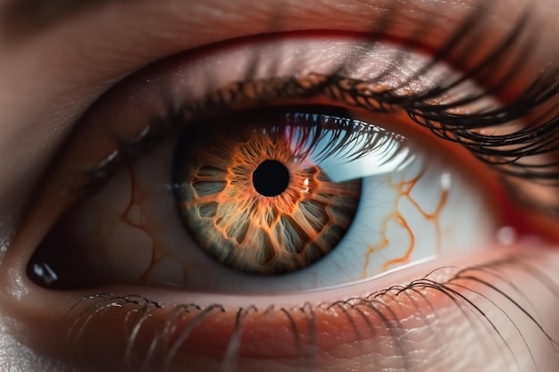 Крупный план глаза человека с оранжевой радужной оболочкой генеративного изображения ai