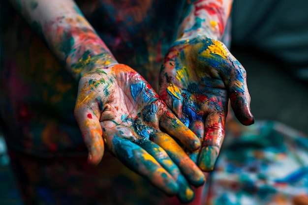 a close up of a persons hands covered in paint