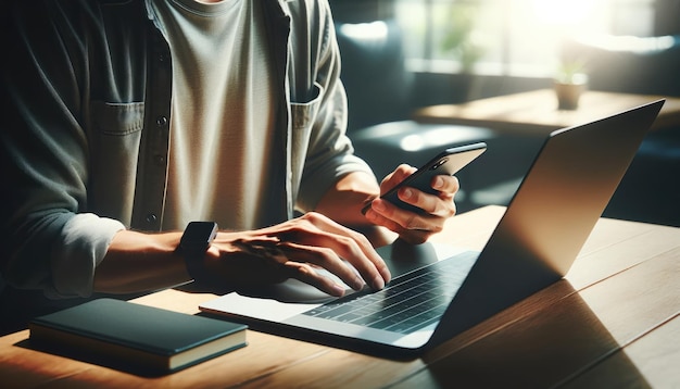 Close up of a persons hands using a smartphone while typing on a laptop exemplifying modern multitasking and connectivity