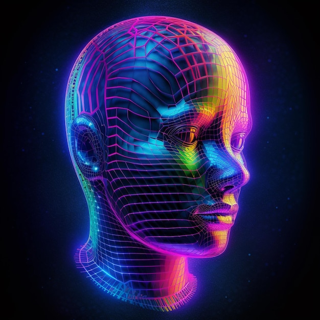 A close up of a persons head with a glowing wireframe generative ai