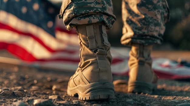 Close Up of Persons Legs and Boots in Front of American Flag