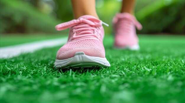 Close up of persons pink running shoes