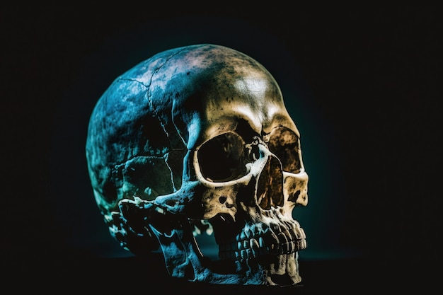 Close up of a persons skull against a dark background