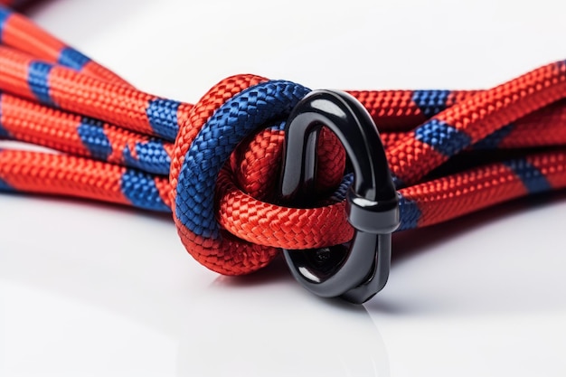 Photo close up perspective of colorful carabiners attached to red rope against white background