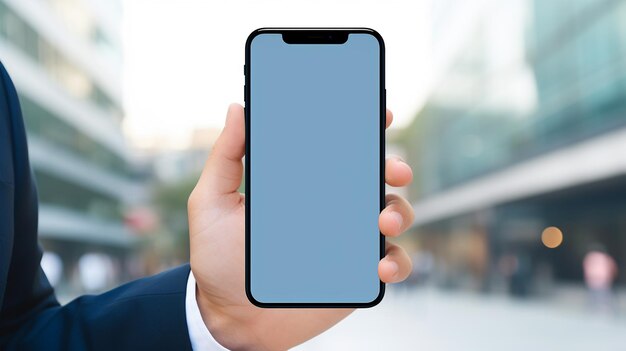 close up of a phone in a mans hand with a blank screen