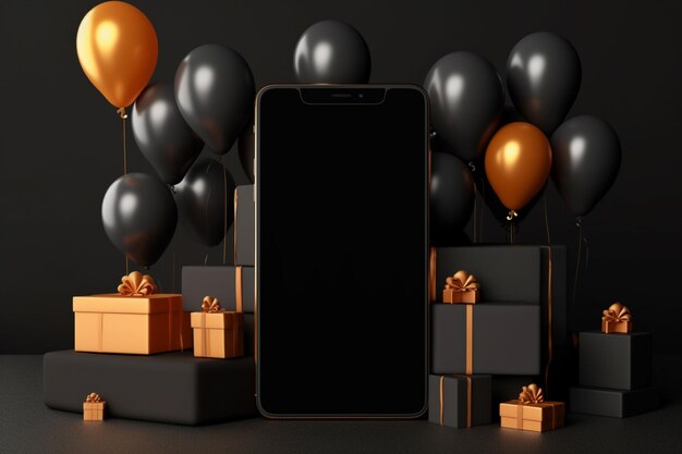 A close up of a phone surrounded by gift boxes and balloons generative ai