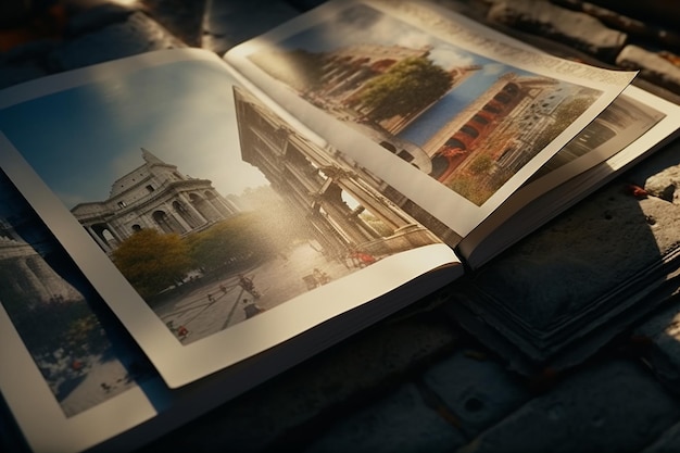 Close up of a photo album frame with photos of ancient ruins and archaeological sites