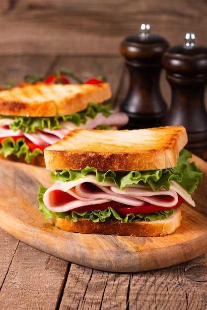 Close-up photo of an American club sandwich. Fast food concept.