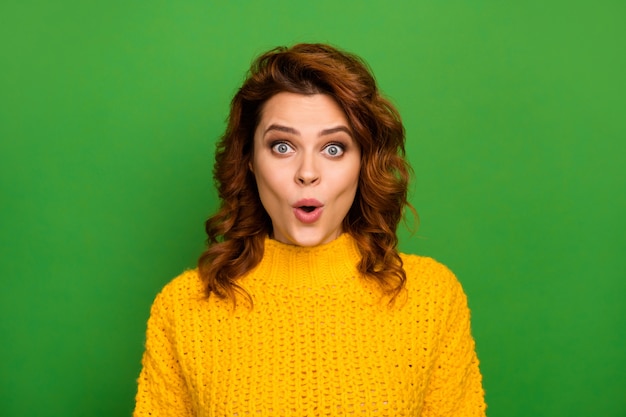 Close up photo of astonished funny woman stare incredible novelty bargain impressed stupor speechless voiceless wear warm knitted pullover isolated over vivid color wall