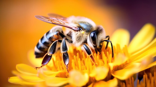 Close up photo of a bee collects honey on a flowers