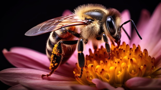 Close up photo of a bee collects honey on a flowers