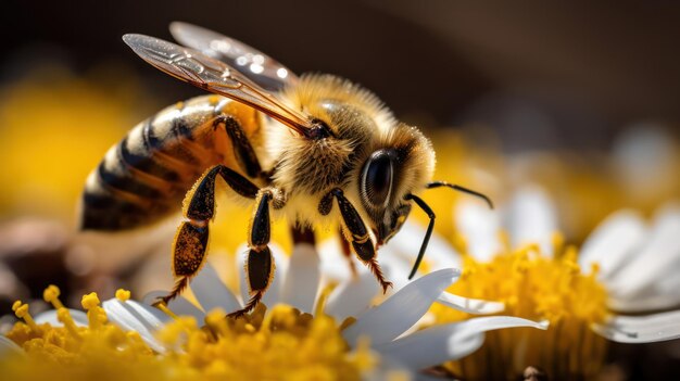 Close up photo of a bee collects honey on a flowers