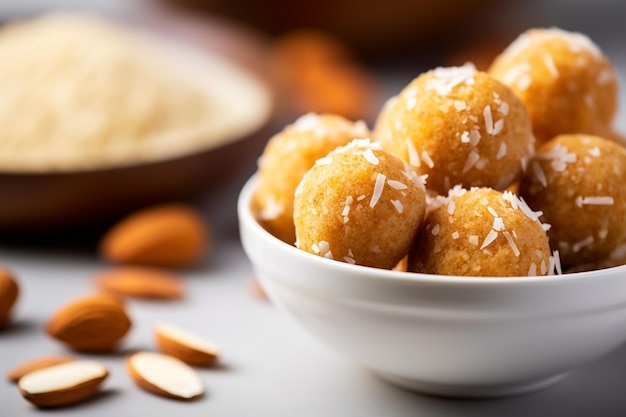 A close up photo of a besan laddu in a bowl