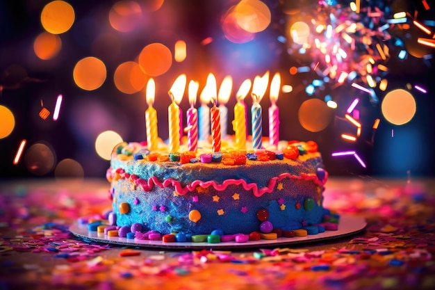 Close up photo of a birthday celebration with a beautifully decorated cake colorful candles Generative AI