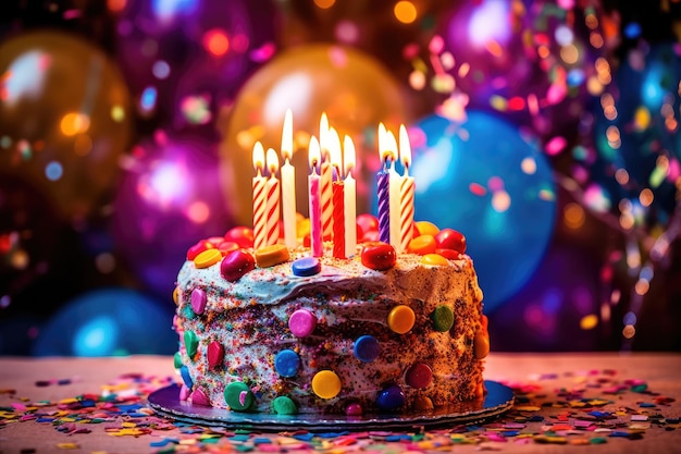 Close up photo of a birthday celebration with a beautifully decorated cake colorful candles Generative AI