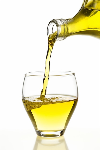 close up photo of a bottle of olive oil being poured into a glass isolated on a white background