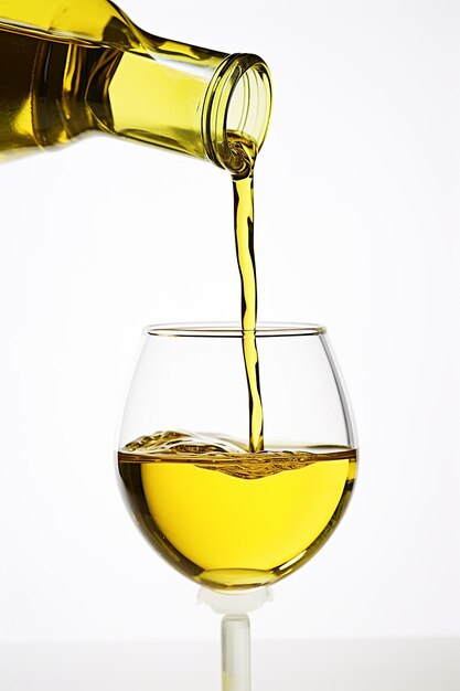 close up photo of a bottle of olive oil being poured into a glass isolated on a white background