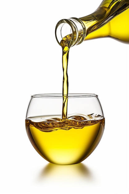白い背景に隔離されたガラスに注がれるオリーブ油のボトルのクローズアップ写真