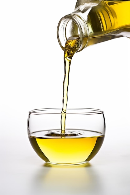 close up photo of a bottle of olive oil being poured into a glass isolated on a white background