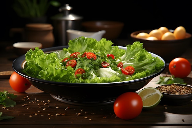 Close up photo of bowl of lettuce with chopped tomatoes in it