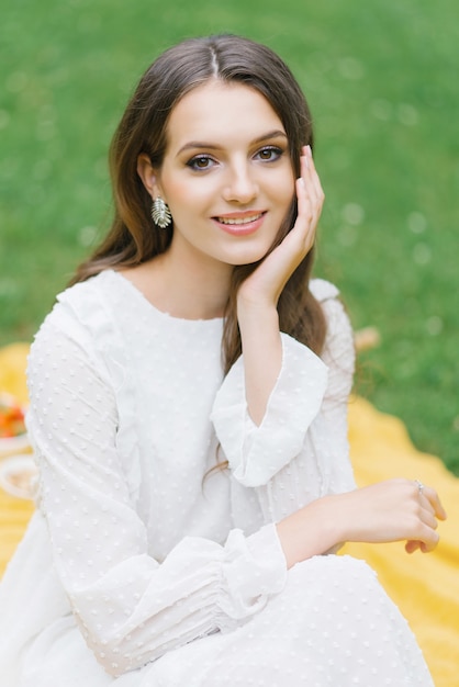 Close up photo of a charming gorgeous beautiful girl touch your hand to the face of her perfect perfect skin enjoy skin care hydration