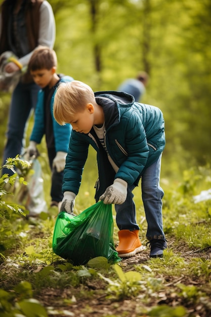 Photo close up photo of children picking up trash at the park for earth day