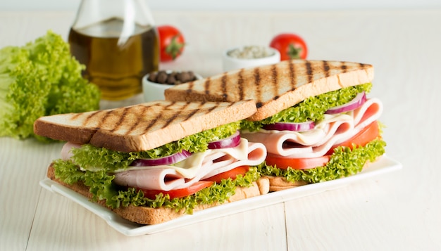 Close-up photo of a club sandwich.