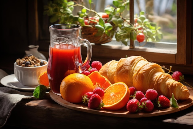 コーヒーとパスタの朝食 クロワッサン ジェネレーティブAIのクローズアップ写真