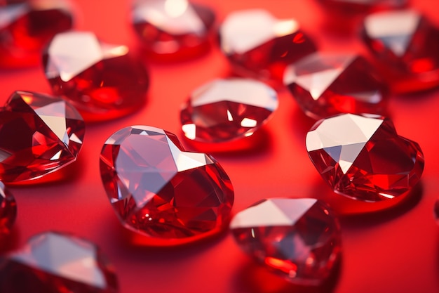 Photo close up photo of crystals in the shape of hearts floating on a intense red background