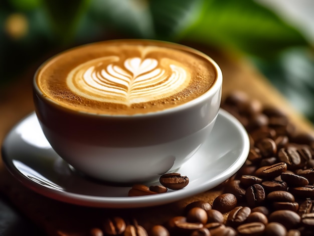 A close up photo of a cup of cappuccino coffee beans